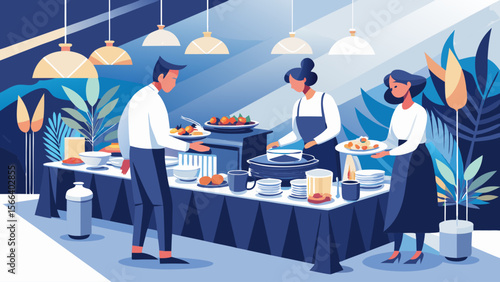 A group of people are standing around a buffet table, with a woman in an apron holding a tray of food. The scene is set in a restaurant or banquet hall, with a blue and white color scheme