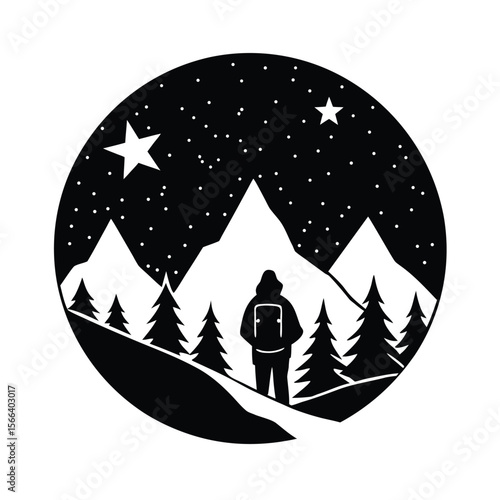 Hiker silhouette watching stars over mountain landscape