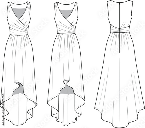 High low sleeveless dress with crossover bodice, fitted waist, flowy hemline, technical flat sketch, fashion cad drawing vector illustration