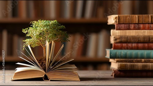 World philosophy day concept with tree of knowledge planting on opening old big book in library full with textbook, stack piles of text archive
