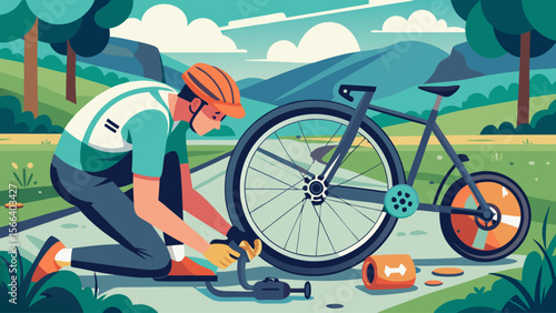 A man is fixing a bicycle tire in a park. The scene is peaceful and serene, with the man surrounded by nature