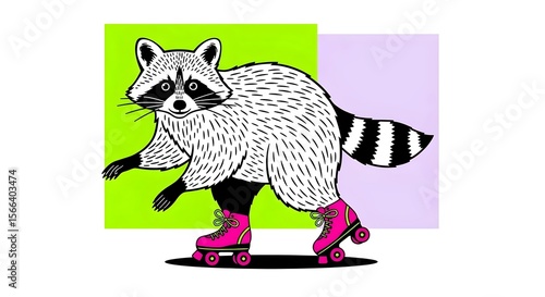 Illustration of a raccoon on roller skates. modern block printing, risograph, roller skating, printmaking style, modern illustration, character design, stylized animal, vibrant colors, textured print