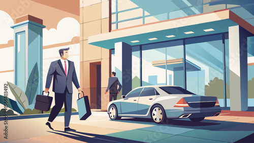 A man in a suit is walking towards a black car with a briefcase in his hand. The car is parked in front of a building with a glass entrance. The scene suggests a professional setting