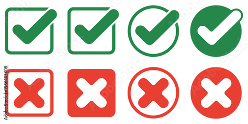 Check Mark and Cross Mark Icons in Green and Red on Transparent Background