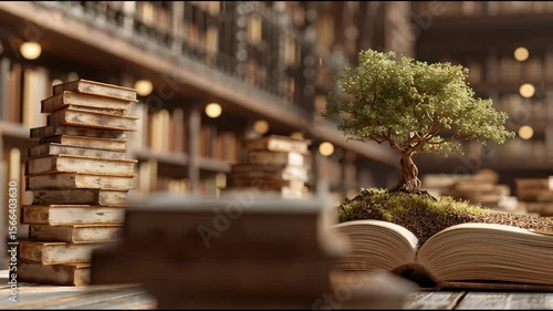 World philosophy day concept with tree of knowledge planting on opening old big book in library full with textbook, stack piles of text archive