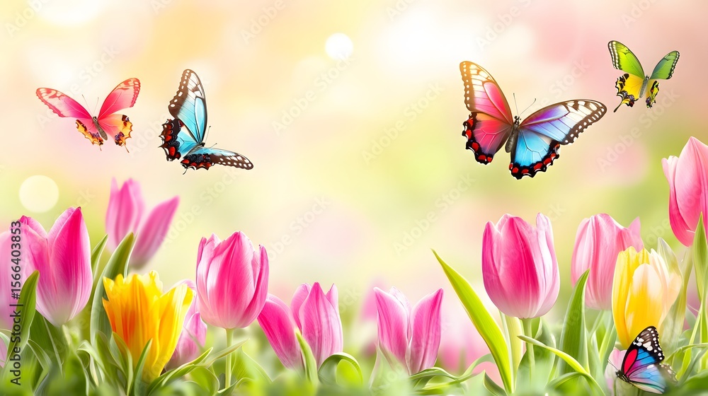 Fototapeta premium Vibrant Spring Tulips and Colorful Butterflies