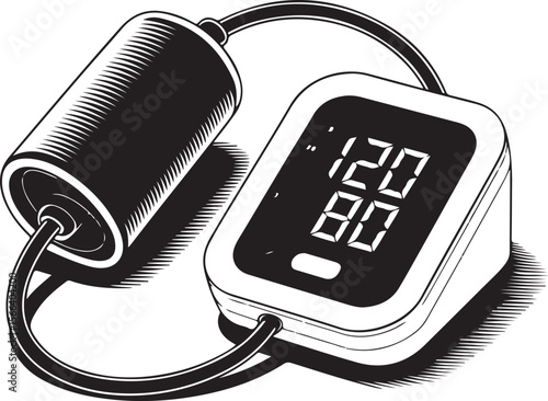 digital blood pressure monitor silhouette with cuff and display screen showing systolic, diastolic, and pulse readings in black vector style