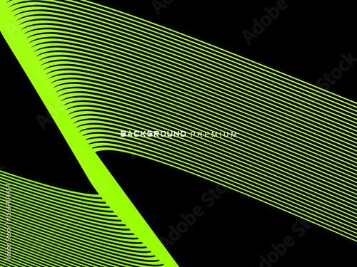 Background pattern of bright green neon stripes that curve and wavy dynamically on a black background, creating an effect of movement and modernity.