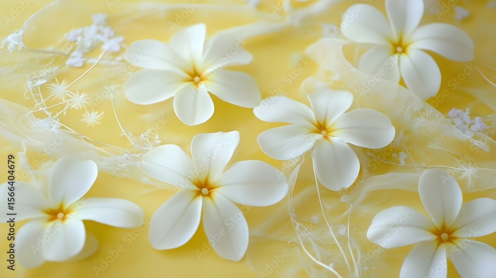 Obraz premium Elegant White Plumeria Flowers on Yellow Fabric