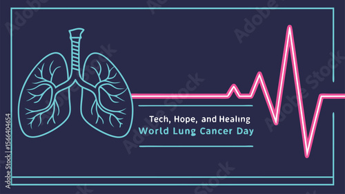 Illustration promoting World Lung Cancer Day with lungs graphic and a pink heartbeat line.