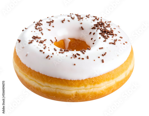 A perfectly baked golden donut generously coated with sweet white glaze and crunchy chocolate sprinkles.