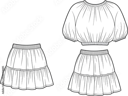 Stylish Women's Bohemian Tiered Skirt and Voluminous Blouse Set: A Must-Have Trendy Summer Fashion Apparel Flat Sketch for Designers