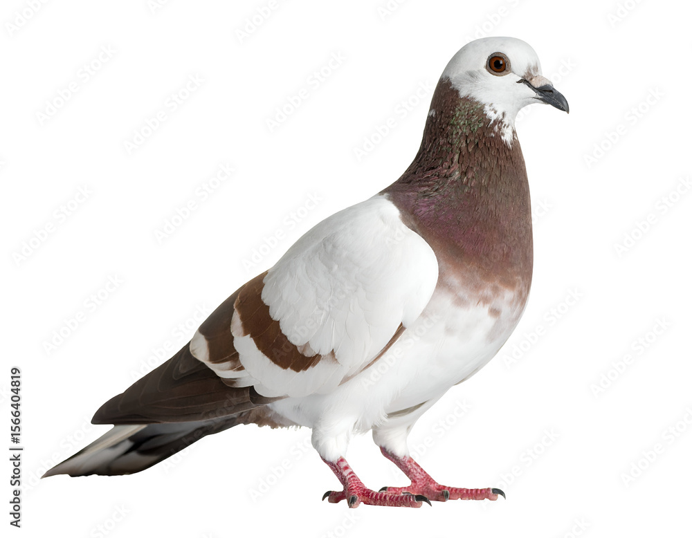 Fototapeta premium A captivating pigeon with rich brown and pristine white plumage stands elegantly, observing its surroundings.