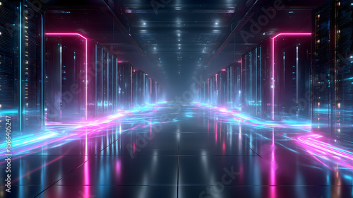 Wallpaper Mural Futuristic cyberpunk server room with glowing neon blue lighting, perfect for tech presentation slides, IT service banners, and data security visuals. Torontodigital.ca