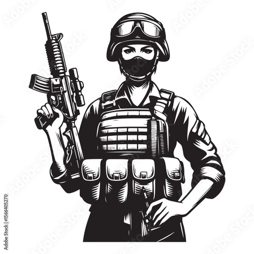 Woman in military uniform holding a gun image vector