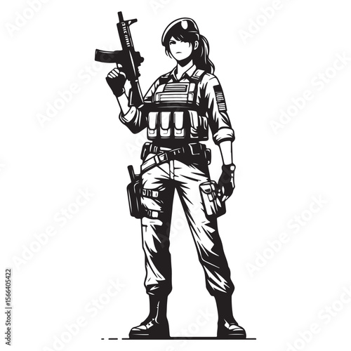 Woman in military uniform holding a gun image vector
