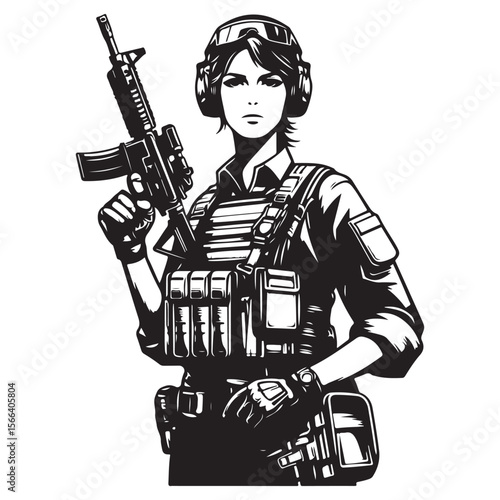 Woman in military uniform holding a gun image vector