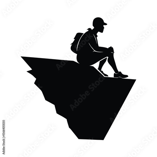 Silhouette of hiker sitting on a rocky cliff edge vector