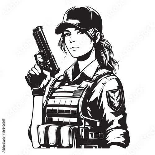 Woman in military uniform holding a gun image vector