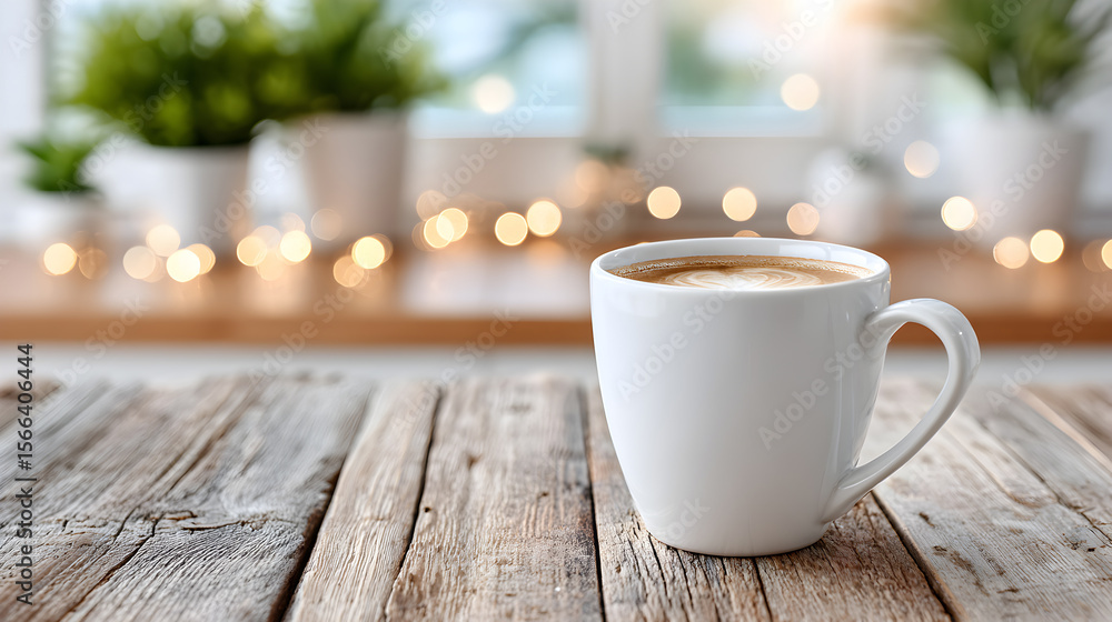 White coffee cup filled with latte art sits on rustic wooden table, surrounded by greenery and soft bokeh lights, creating a cozy atmosphere for relaxation. Selective focus White coffee cup filled with latte art sits on rustic wooden table, surrounded by greenery and soft bokeh lights, creating a cozy atmosphere for relaxation. Selective focus