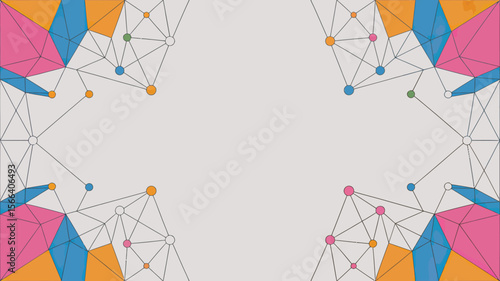 Geometric pattern with colorful polygons connected by lines and circles on a light gray background