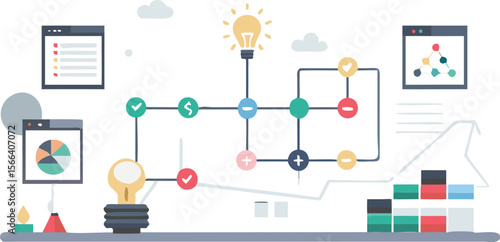 Illustration of a business process with lightbulbs charts and plus and minus signs displayed
