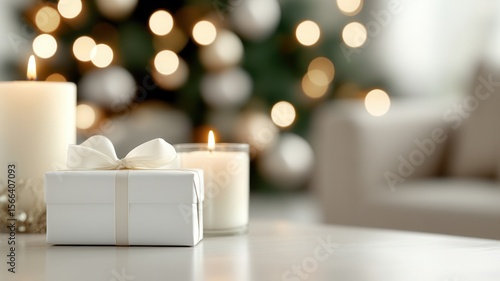 Christmas presents wrapped carefully, glowing candle illuminating wooden surface, soft focus tree adding holiday warmth and cozy festive ambiance