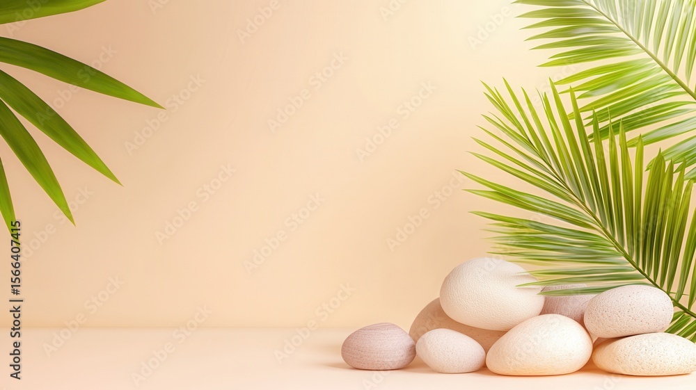 Fototapeta premium Smooth white stones stacked artfully, casting delicate shadows on neutral beige, accompanied by graceful palm leaf highlighting minimalist tropical aesthetic