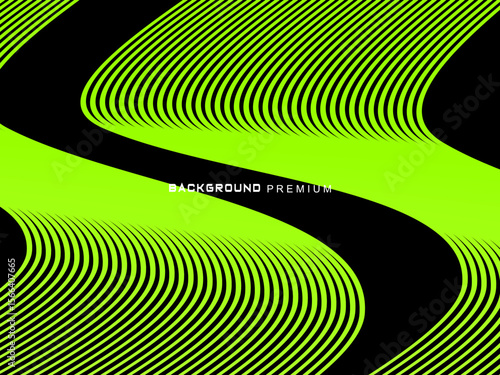 Background pattern of bright green neon stripes that curve and wavy dynamically on a black background, creating an effect of movement and modernity.