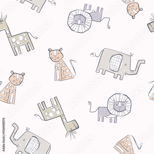 Hand drawn cute animals seamless pattern with giraffe, elephant, lion, and cheetah. Vector illustration for kids or baby apparel,  textile, bedding, wrapping paper, kindergarten and other