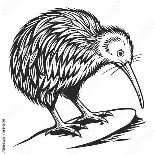 Black and white kiwi bird illustration on white background