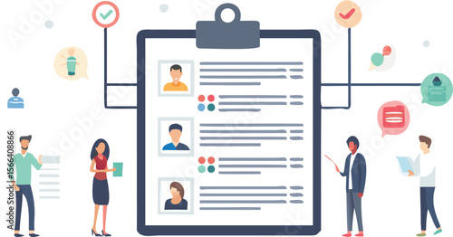 People standing around a large clipboard with profile pictures and associated information shown on it