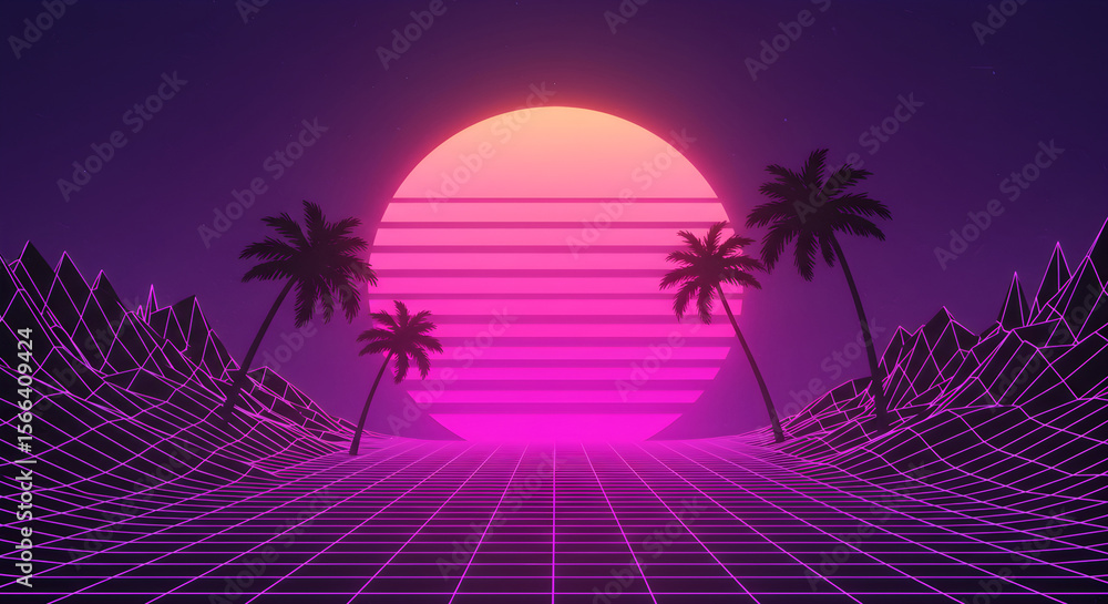 Fototapeta premium Retro Synthwave Landscape with Palm Trees and Wireframe Terrain
