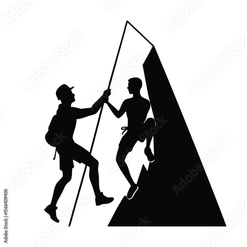 Two climbers one belaying the other on a mountain peak