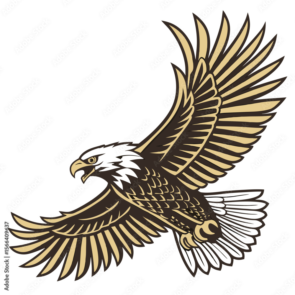 Fototapeta premium Brown and gold eagle in flight on white background