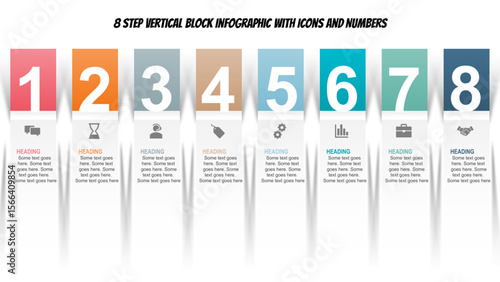 Vertical 8 Step Infographic Design with Color Blocks, Icons & Text Sections. Fully editable modern infographic vector elements SVG file compatible with PowerPoint.