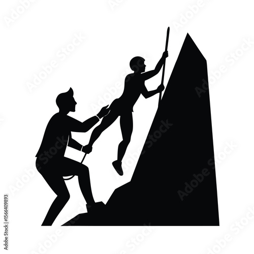 Two climbers one helping another ascend rocky peak