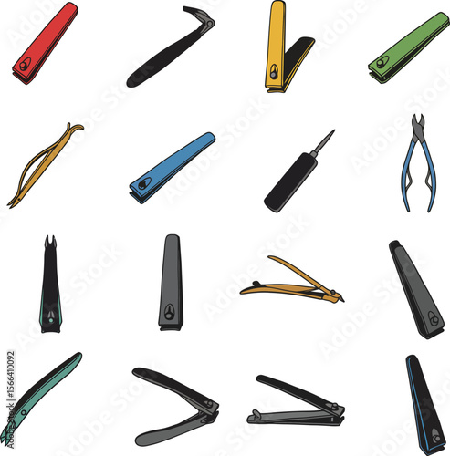 Manicure and Pedicure Tools Vector Illustration Set, Colorful Nail Clippers, Cuticle Nippers, and Files for Beauty Salon Concepts.