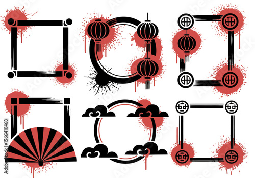 Asian frame and lantern set, oriental border, red ink splatter, traditional chinese template, festival design