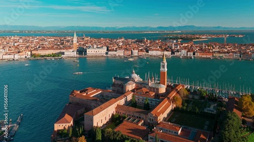 Aerial view of San Giorgio Maggiore island and Grand Canal in Venice at sunrise