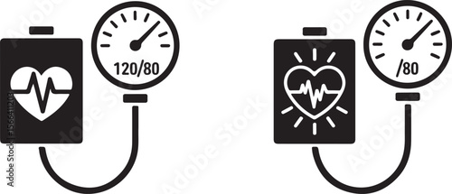 blood pressure monitor icon set, heart rate and systolic diastolic reading medical vector illustration in black silhouette style
