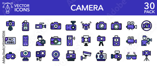 Camera photography video equipment technology digital line vector icons set
