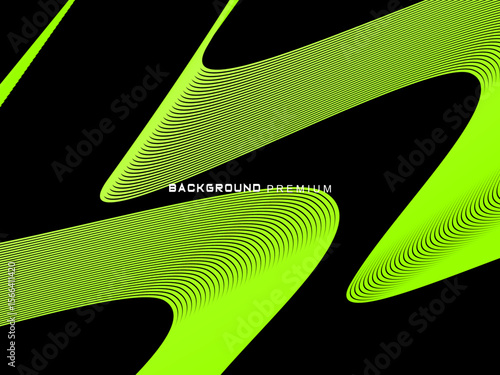 Background pattern of bright green neon stripes that curve and wavy dynamically on a black background, creating an effect of movement and modernity.