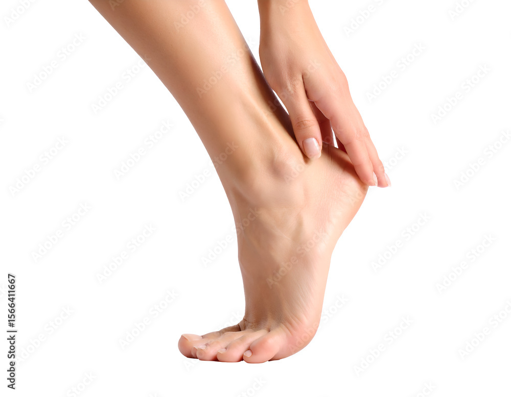Fototapeta premium A graceful hand gently touches a bare foot, emphasizing personal comfort and well-being.