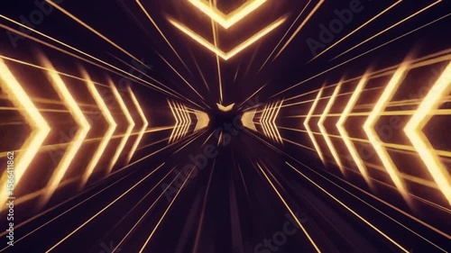 Neon arrows lighting up dark futuristic tunnel in dynamic motion blur. Technology direction concept