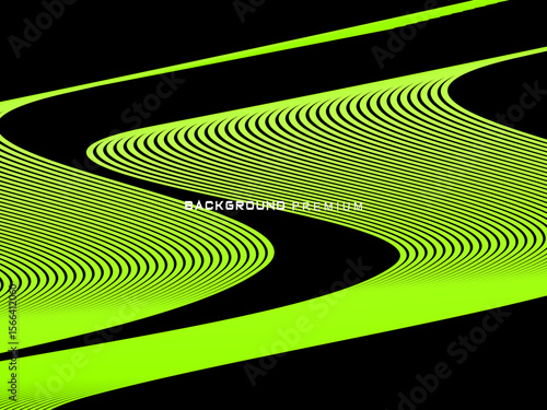 Background pattern of bright green neon stripes that curve and wavy dynamically on a black background, creating an effect of movement and modernity.