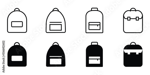 Backpack icons. line and black solid icons. school bag icon set. Backpack collection on white background
