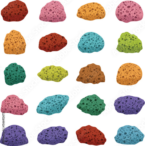Colorful Pumice Stone Vector Illustration Set, Exfoliating Foot Care Tools Collection, Natural Skincare Products for Pedicure and Spa Concepts.
