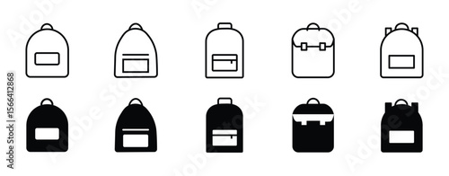 Backpack icons. line and black solid icons. school bag icon set. Backpack collection on white background
