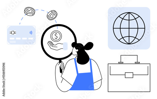 Woman holding magnifying glass examines money. Global icon, credit card, and briefcase indicate finance, economy, digital payments, global connections, business analysis and career growth. Simple